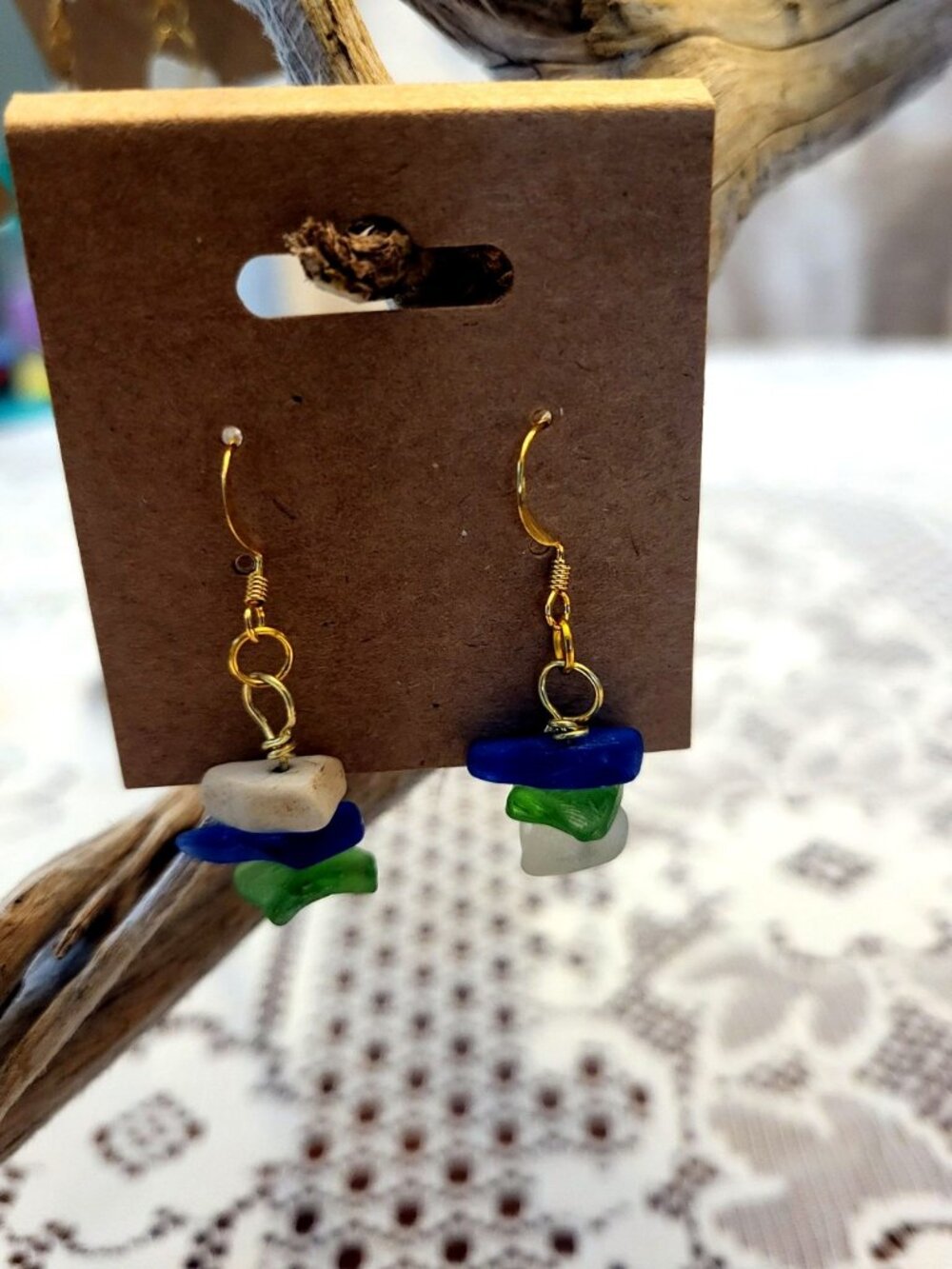 Sea Glass Stacked Dangle Earrings – Blue White Green, Handmade Newfoundland